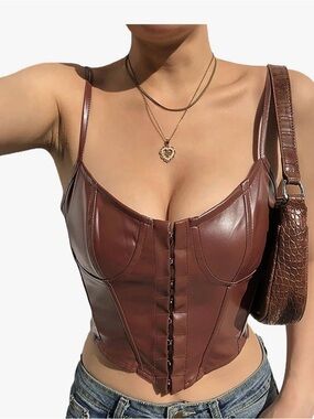 Brown Faux Leather Corset Tank Top with Hook Front